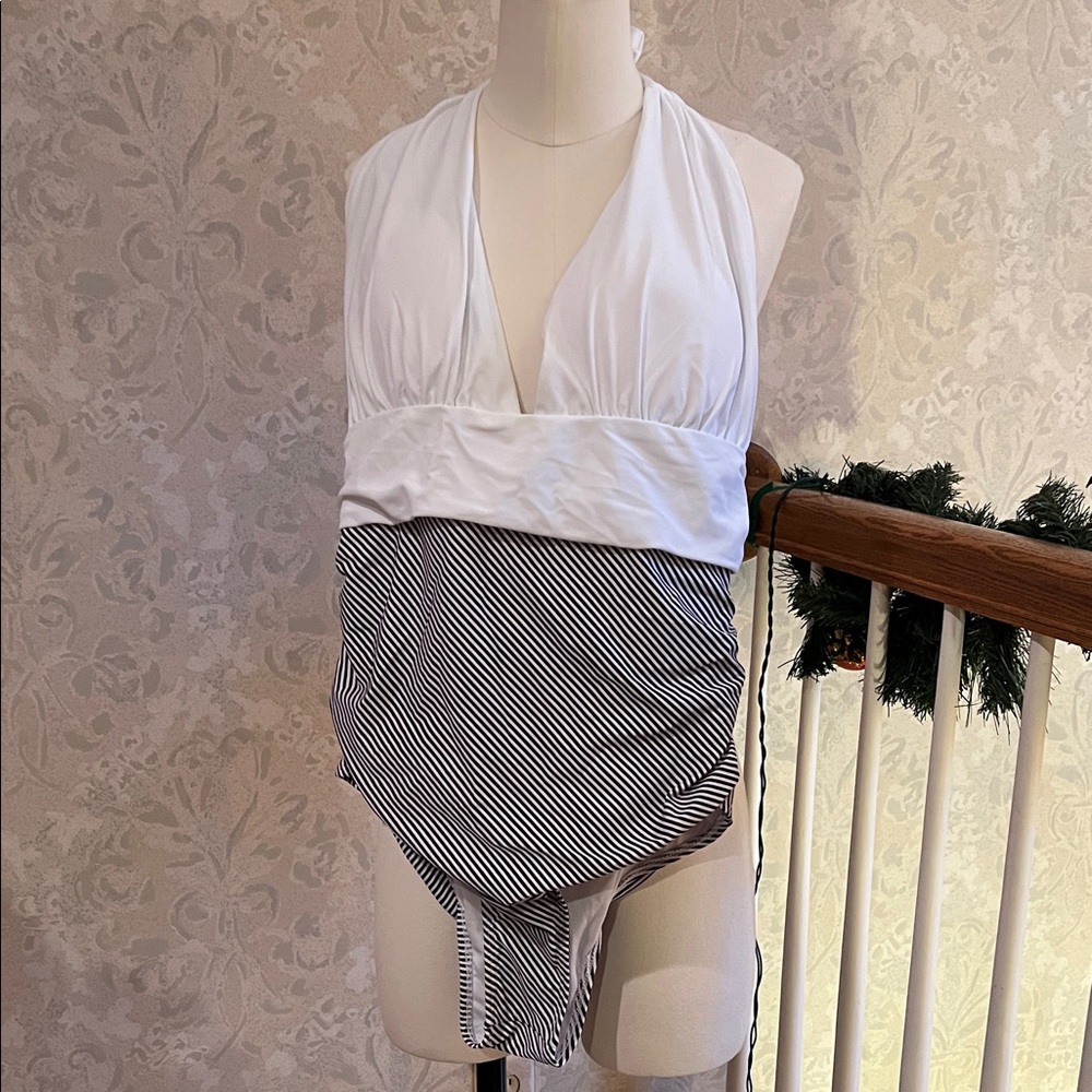 White and navy striped halter top bathing suit. Size XL. New
